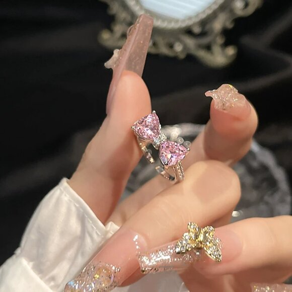 Bow Pink Cubic Zirconia Ring – 925 Sterling Silver, White Gold Plated (8) - Picture 7 of 7